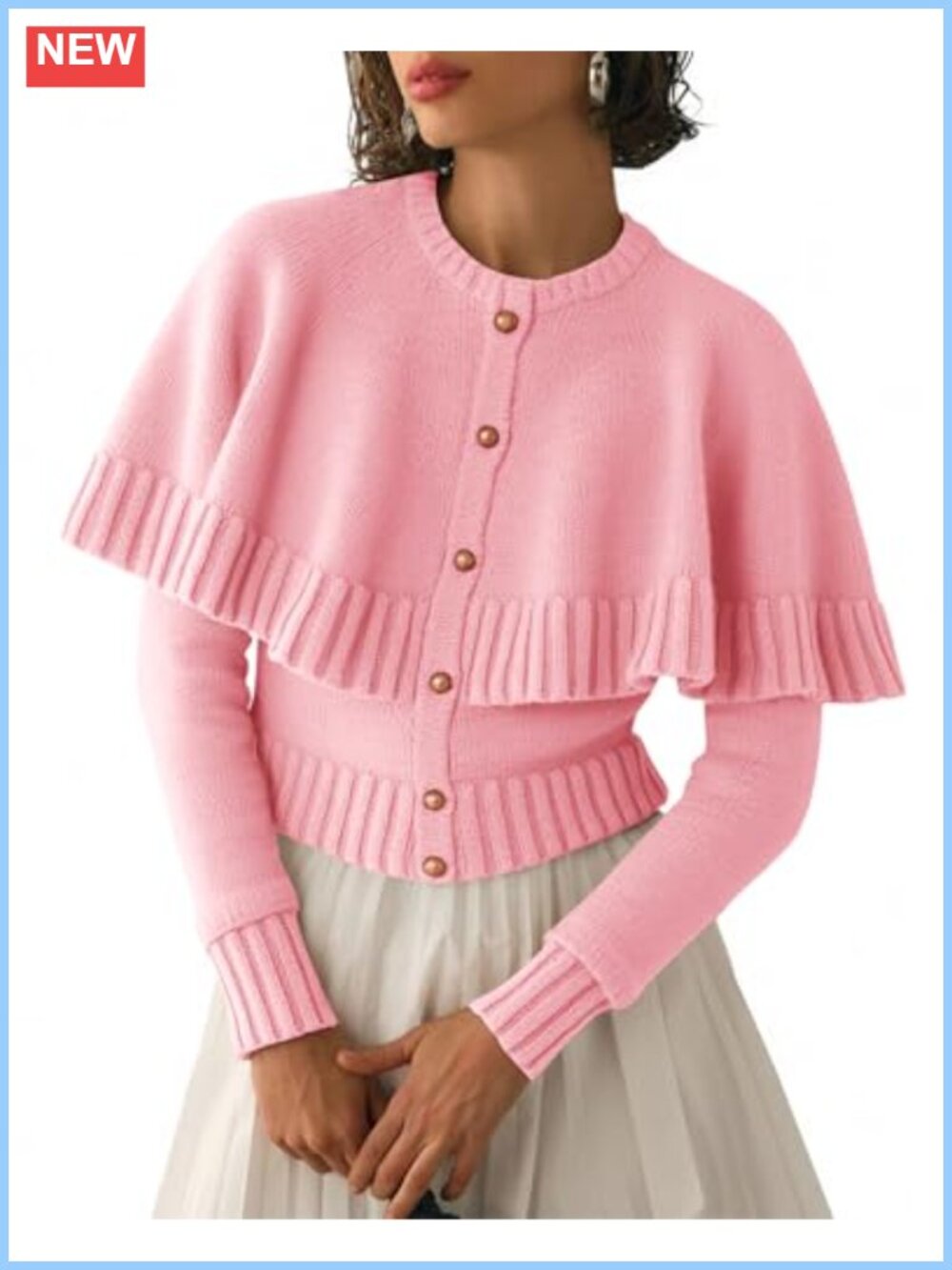 Cropped Cape Cardigan Button Down Long Sleeve Knit Sweater for Women